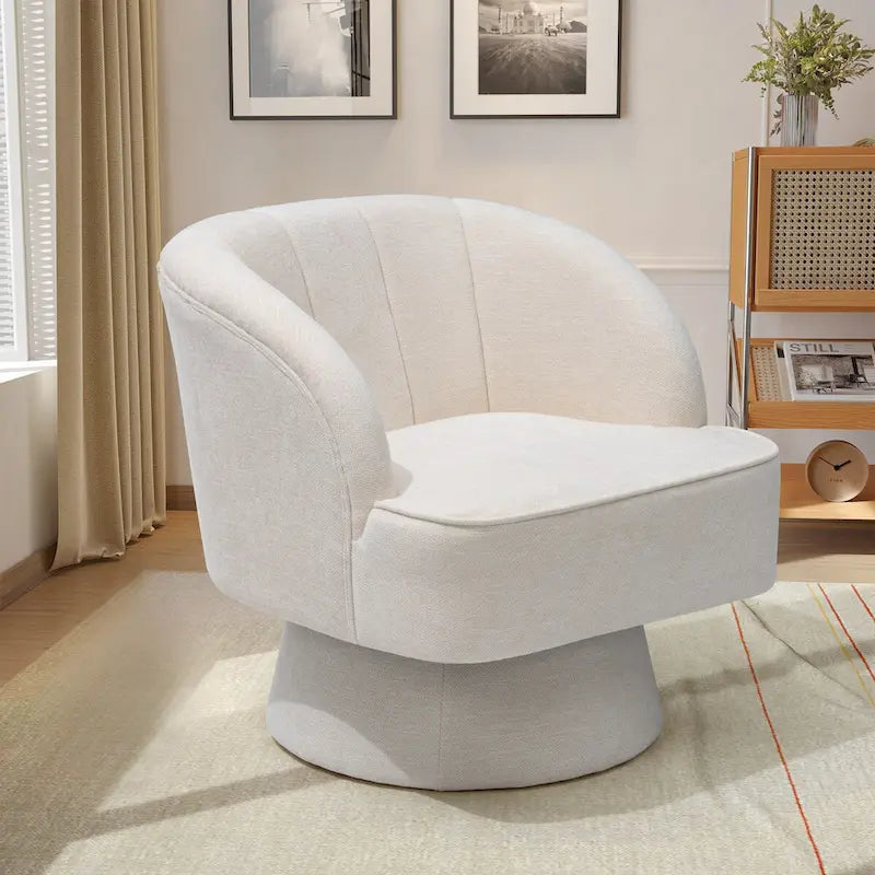 Swivel Accent Chair with Linen Upholstery and Wooden Pedestal Base
