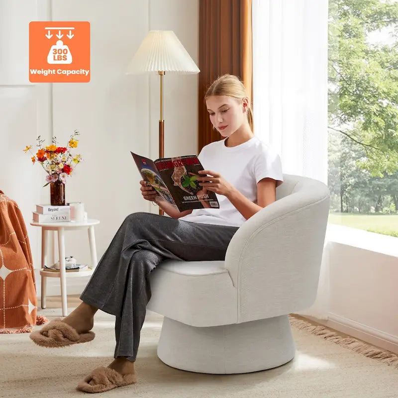 Swivel Accent Chair with Linen Upholstery and Wooden Pedestal Base