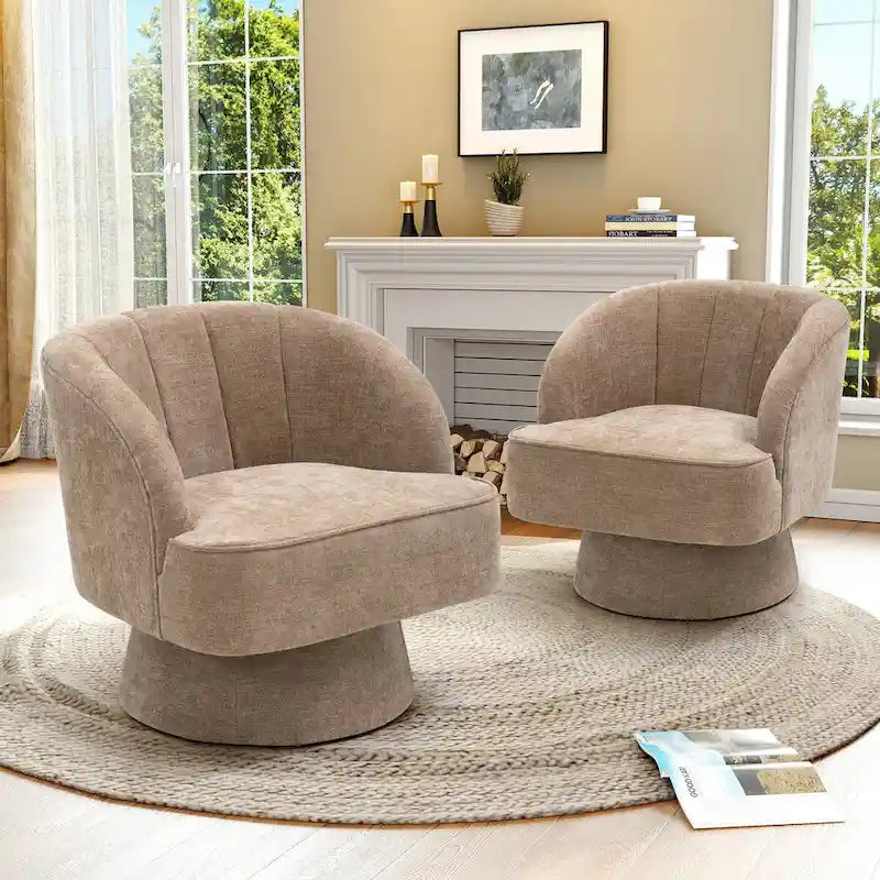 Swivel Accent Chair with Linen Upholstery and Wooden Pedestal Base
