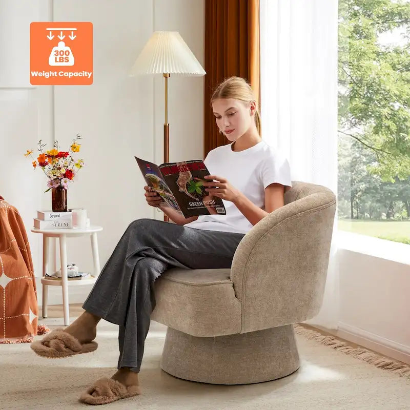 Swivel Accent Chair with Linen Upholstery and Wooden Pedestal Base