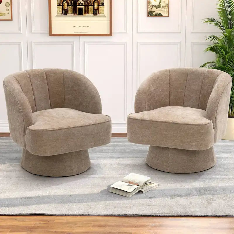 Swivel Accent Chair with Linen Upholstery and Wooden Pedestal Base