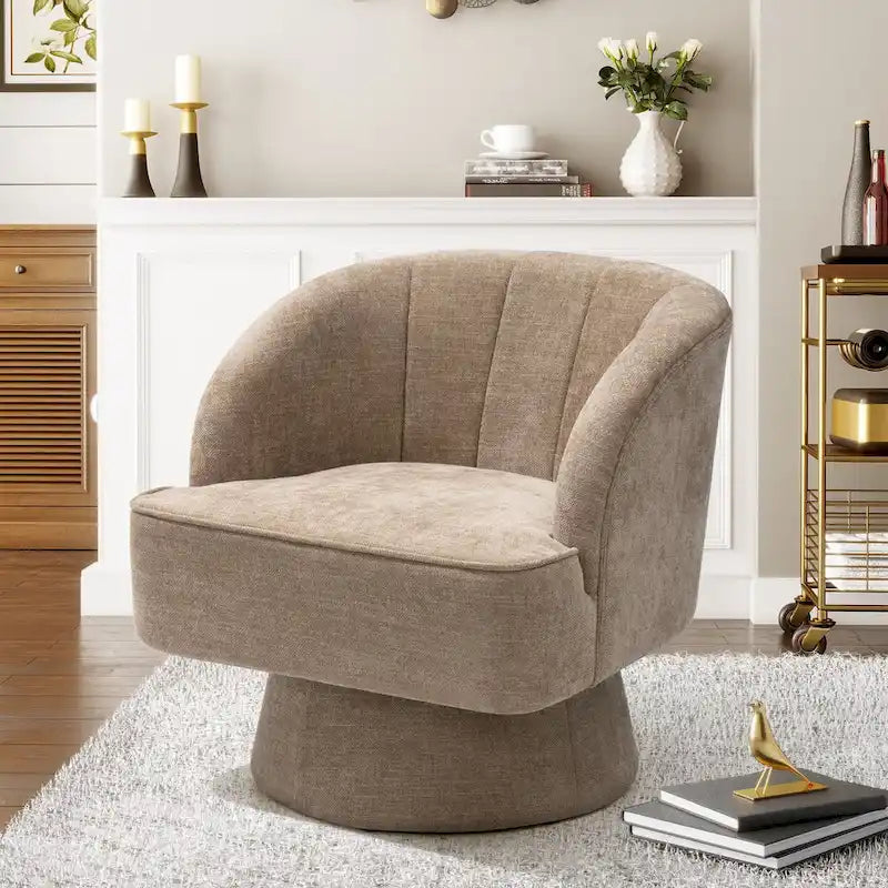 Swivel Accent Chair with Linen Upholstery and Wooden Pedestal Base
