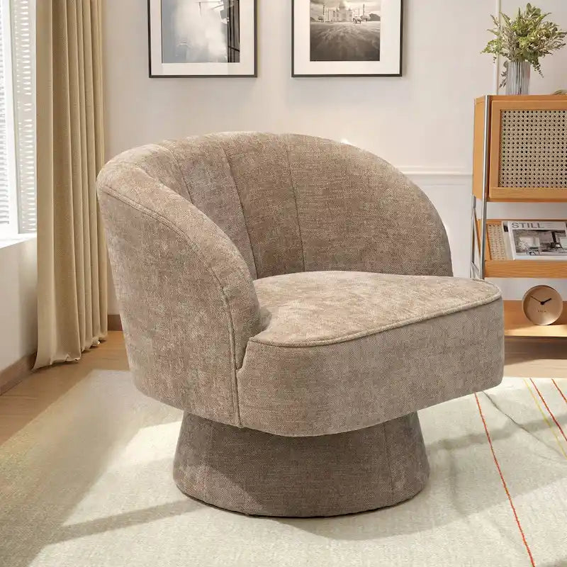 Swivel Accent Chair with Linen Upholstery and Wooden Pedestal Base