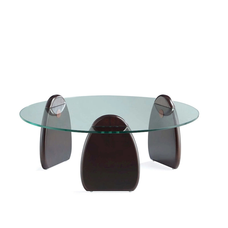 Dark Walnut Coffee Table with Glass Top and Wood Base