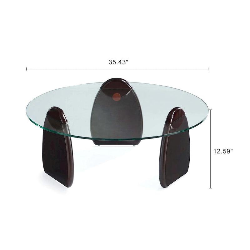 Dark Walnut Coffee Table with Glass Top and Wood Base