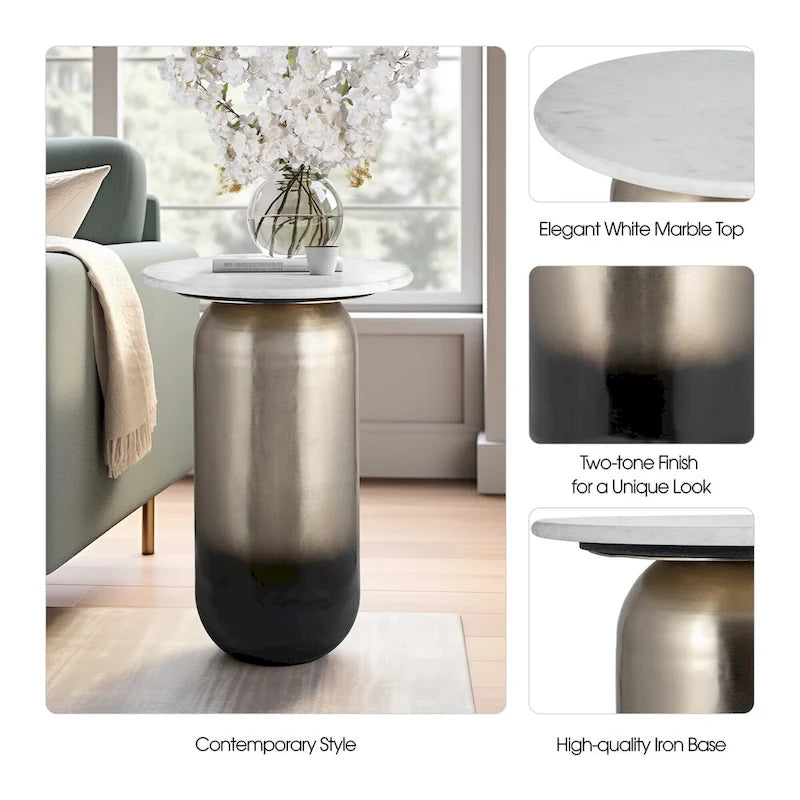 Modern Marble-Top Side Table with Gold-Tone Iron Accents
