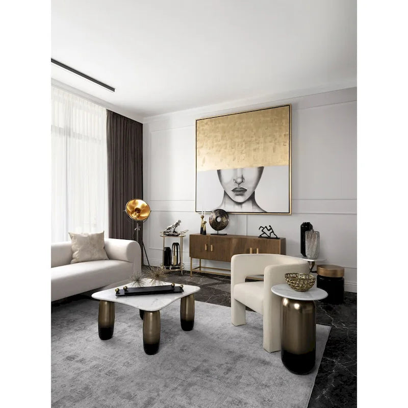 Modern Marble-Top Side Table with Gold-Tone Iron Accents