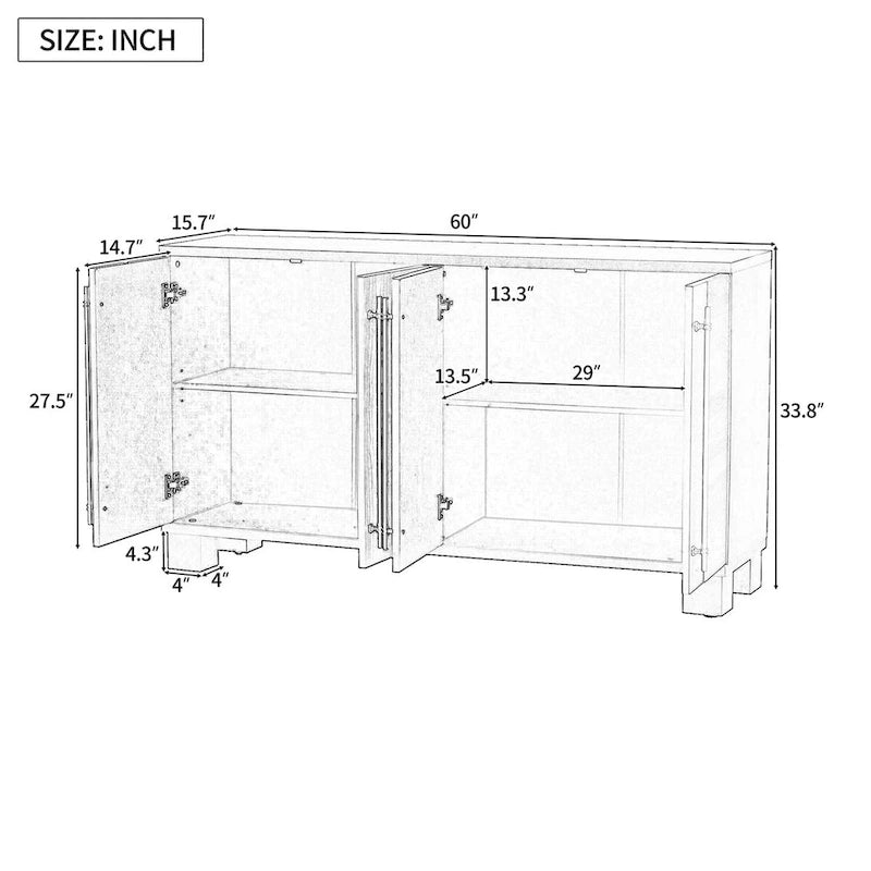 Traditional Ash Wood Sideboard with Adjustable Shelves and Gold-Tone Handles