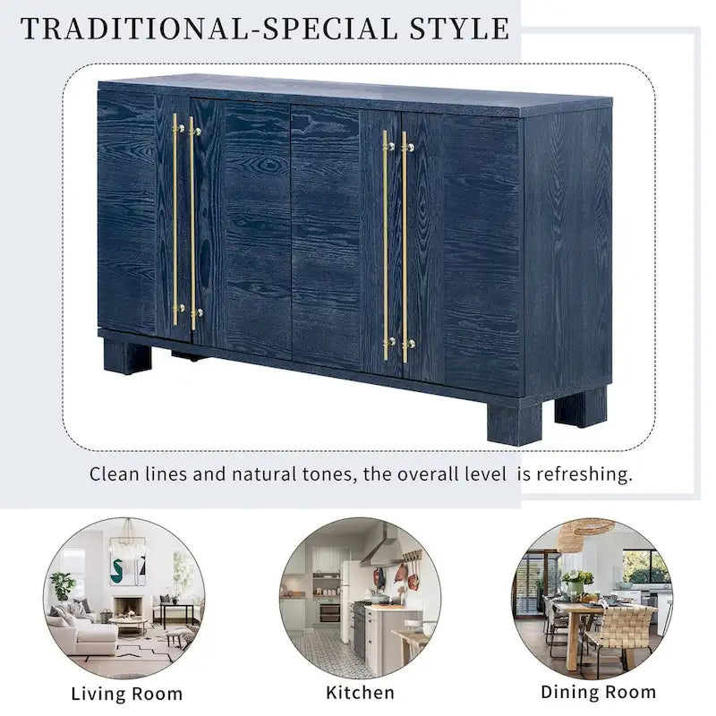 Traditional Ash Wood Sideboard with Adjustable Shelves and Gold-Tone Handles