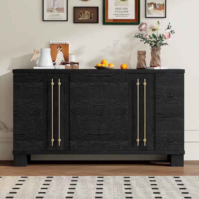 Traditional Ash Wood Sideboard with Adjustable Shelves and Gold-Tone Handles
