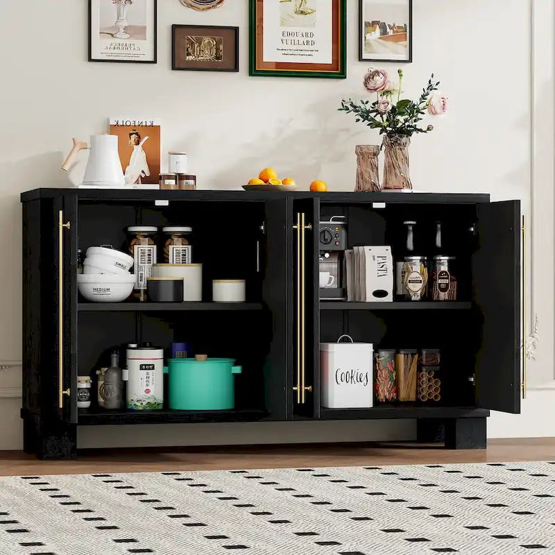 Traditional Ash Wood Sideboard with Adjustable Shelves and Gold-Tone Handles