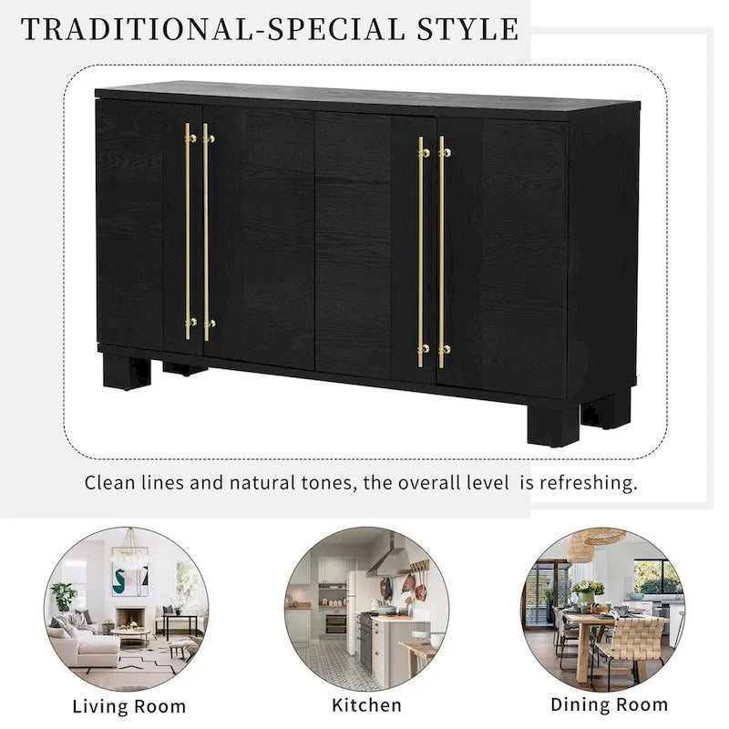 Traditional Ash Wood Sideboard with Adjustable Shelves and Gold-Tone Handles