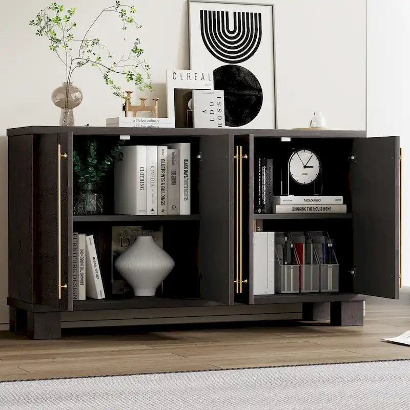 Traditional Ash Wood Sideboard with Adjustable Shelves and Gold-Tone Handles