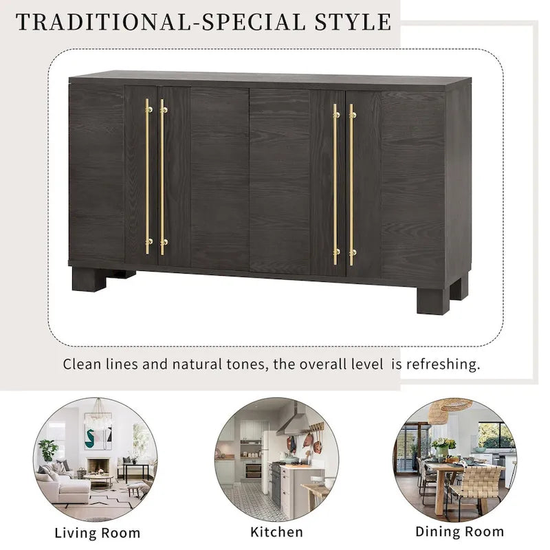 Traditional Ash Wood Sideboard with Adjustable Shelves and Gold-Tone Handles