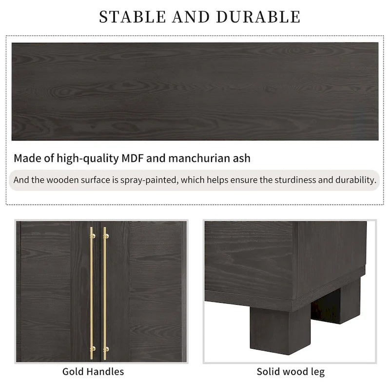 Traditional Ash Wood Sideboard with Adjustable Shelves and Gold-Tone Handles