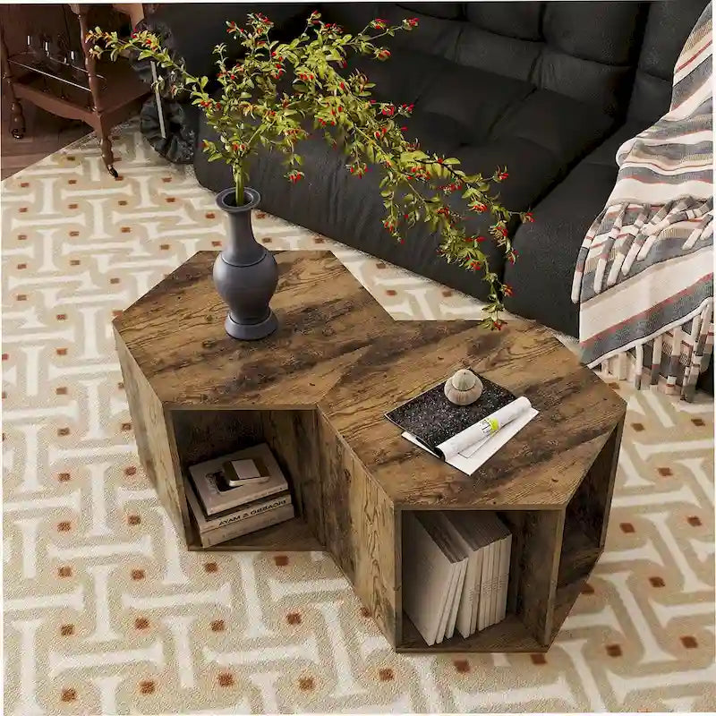 Modern Hexagonal Coffee Table with Open Storage and MDF Construction