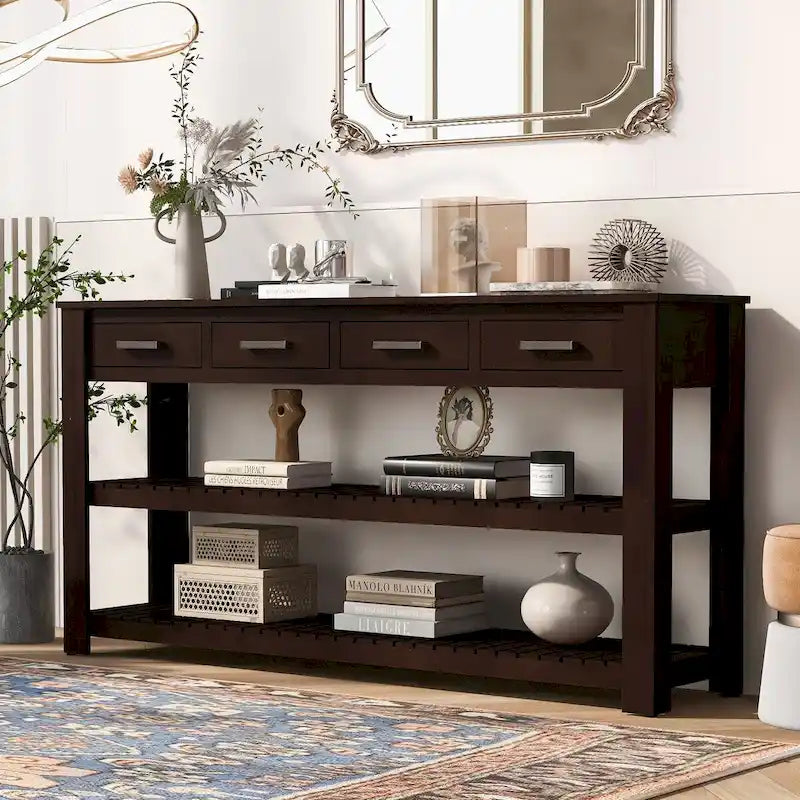 Modern Console Table with Four Drawers and Open Shelves for Entryways