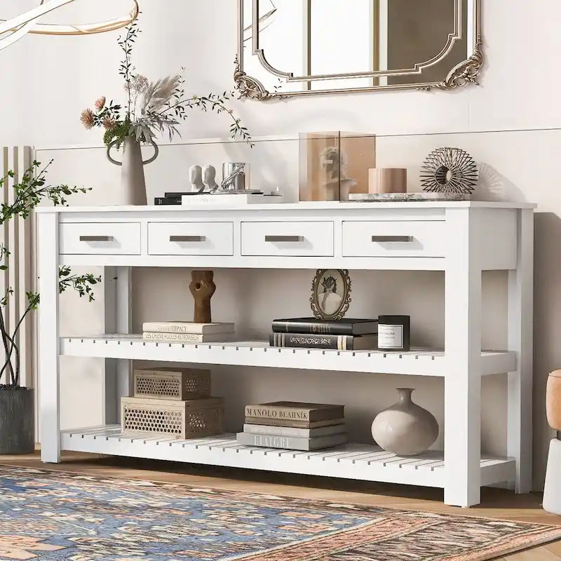Modern Console Table with Four Drawers and Open Shelves for Entryways