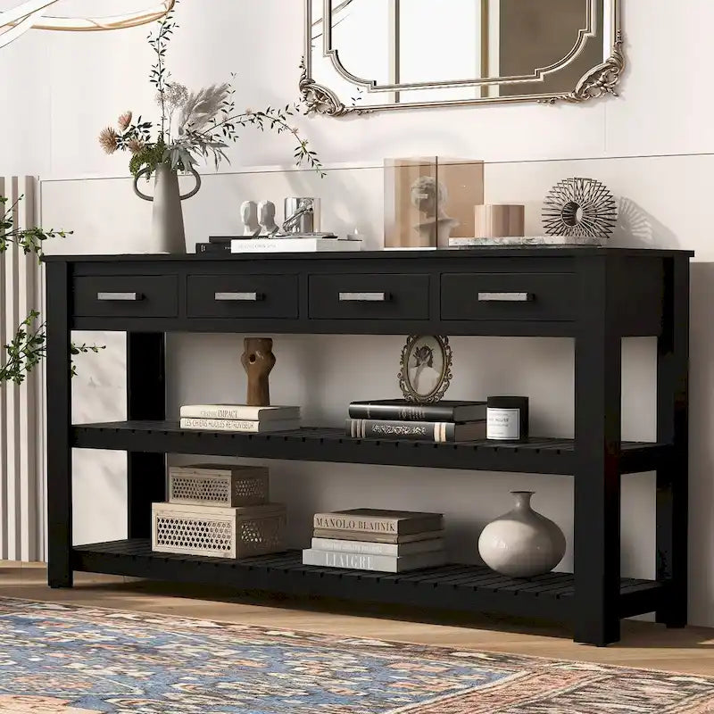 Modern Console Table with Four Drawers and Open Shelves for Entryways