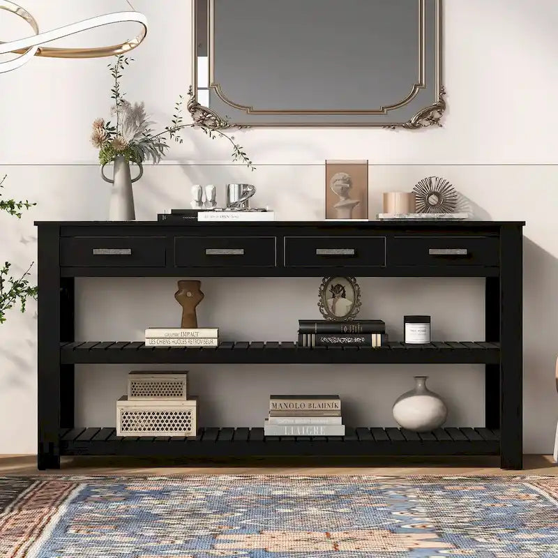 Modern Console Table with Four Drawers and Open Shelves for Entryways