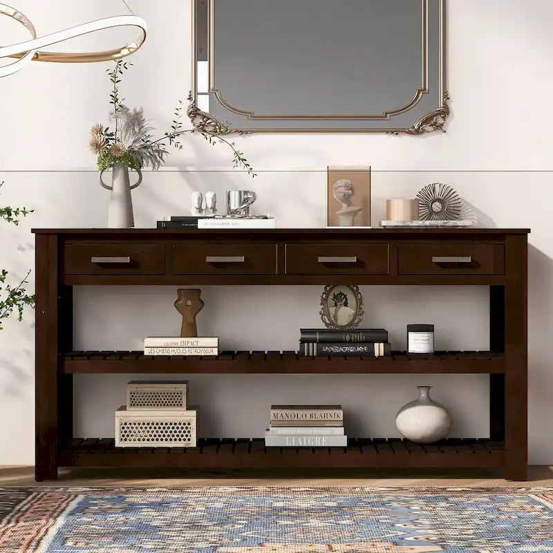 Modern Console Table with Four Drawers and Open Shelves for Entryways
