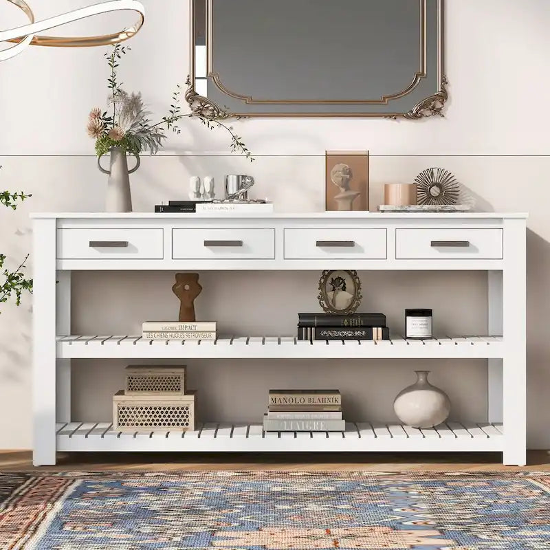 Modern Console Table with Four Drawers and Open Shelves for Entryways