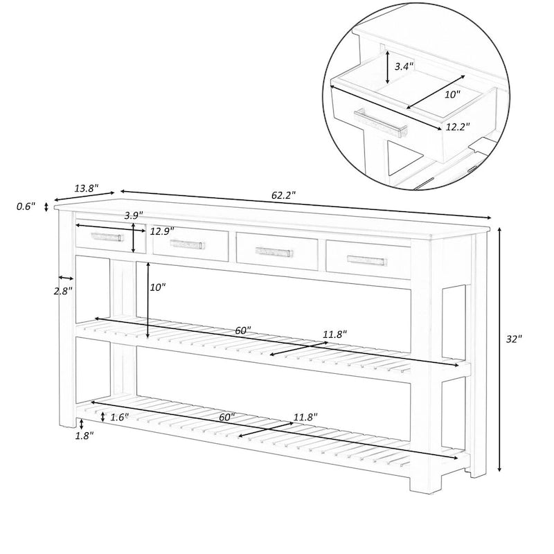 Modern Console Table with Four Drawers and Open Shelves for Entryways