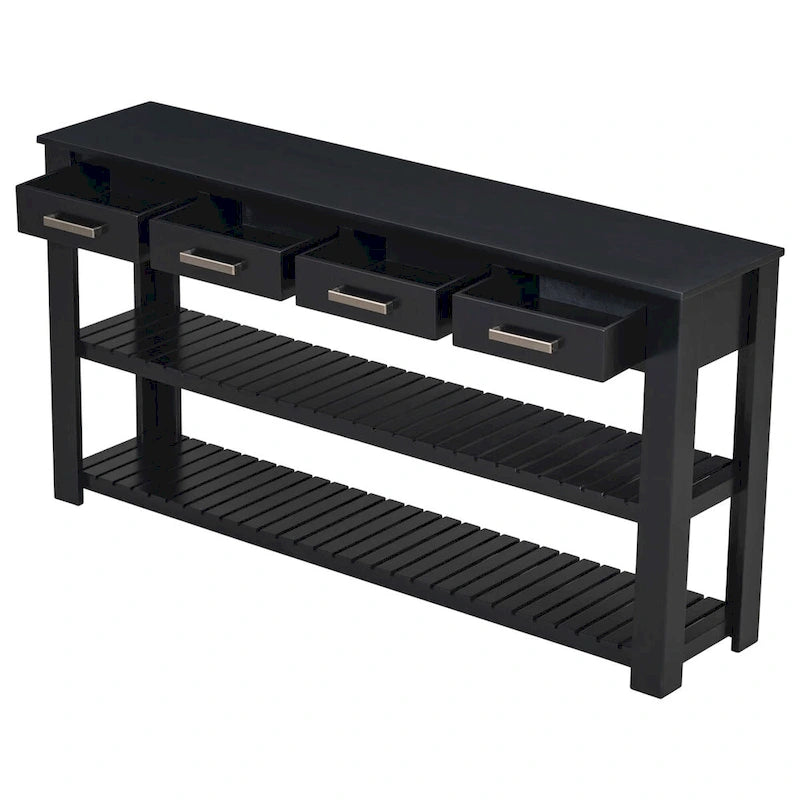 Modern Console Table with Four Drawers and Open Shelves for Entryways