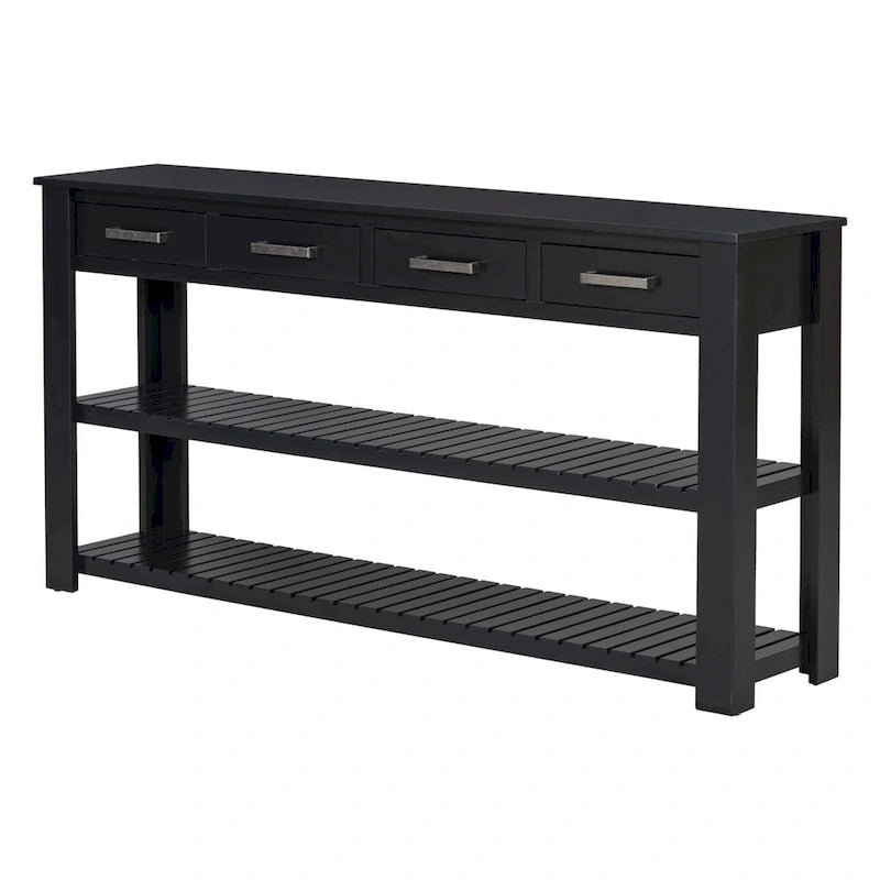 Modern Console Table with Four Drawers and Open Shelves for Entryways