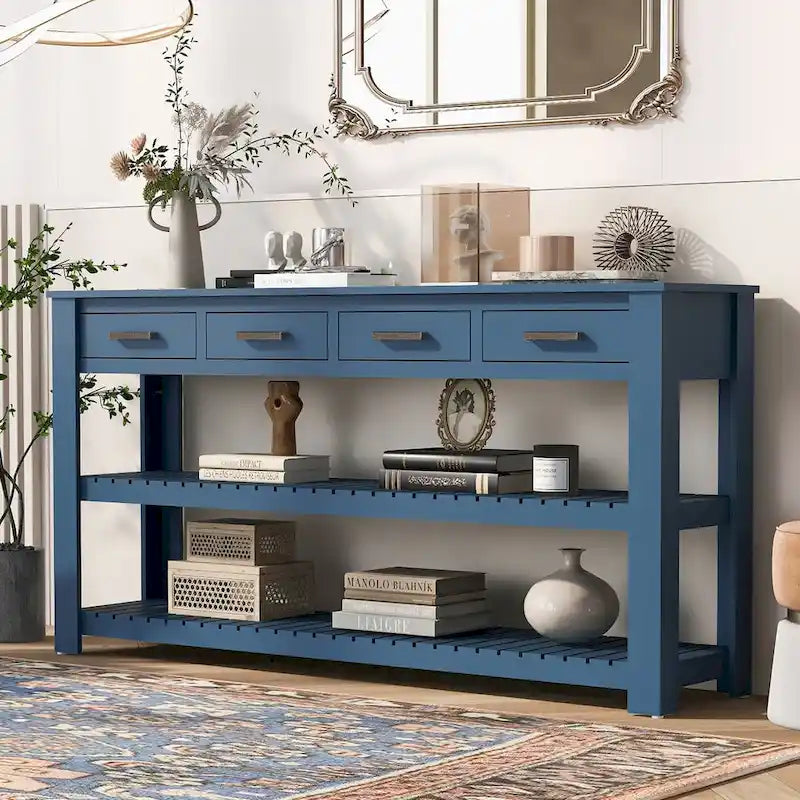 Modern Console Table with Four Drawers and Open Shelves for Entryways