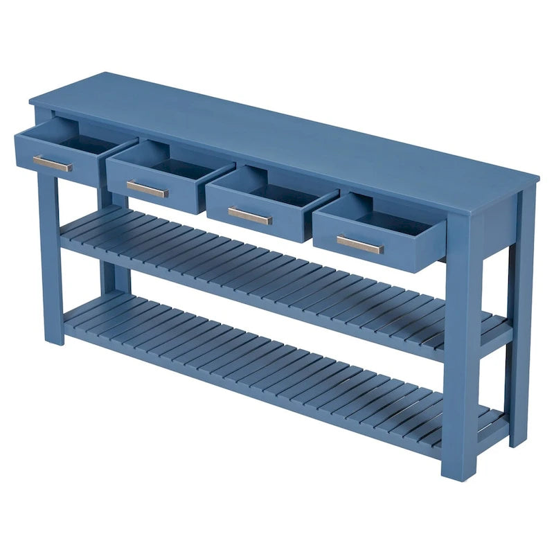 Modern Console Table with Four Drawers and Open Shelves for Entryways
