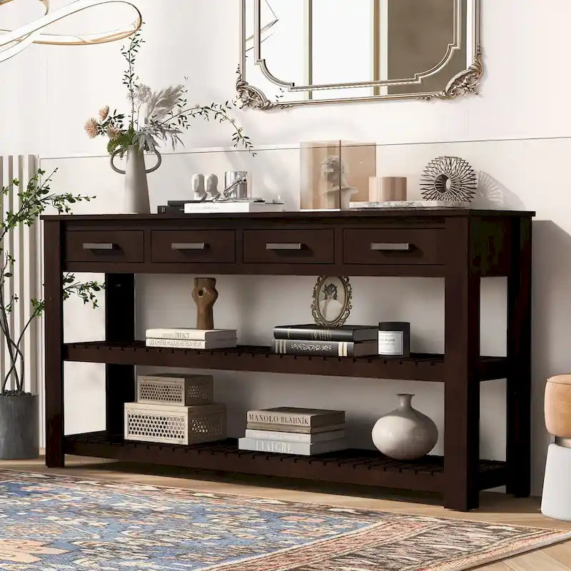 Modern Console Table with Four Drawers and Open Shelves for Entryways