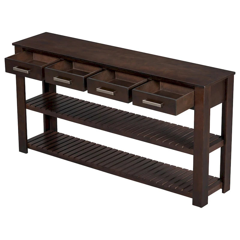 Modern Console Table with Four Drawers and Open Shelves for Entryways