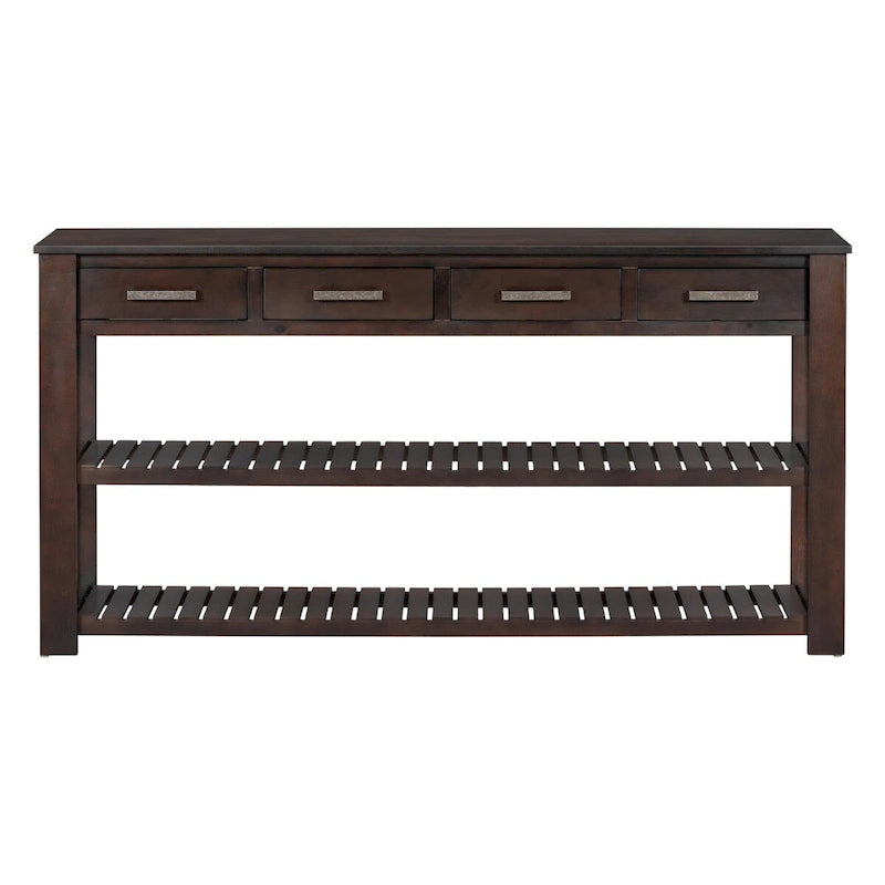 Modern Console Table with Four Drawers and Open Shelves for Entryways