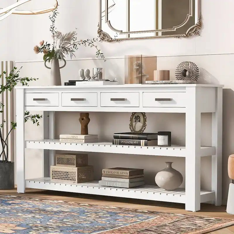 Modern Console Table with Four Drawers and Open Shelves for Entryways