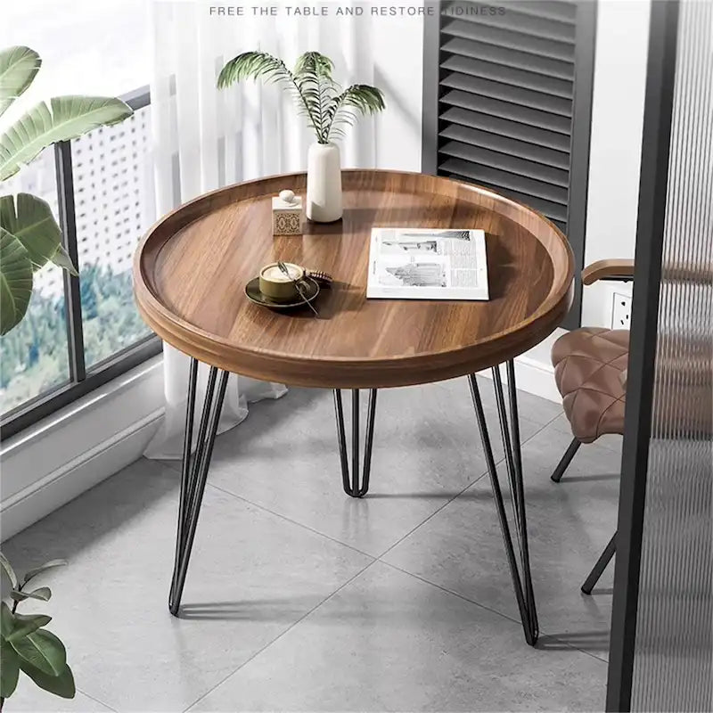 Walnut Finish Coffee Table with Pine Construction and Metal Legs