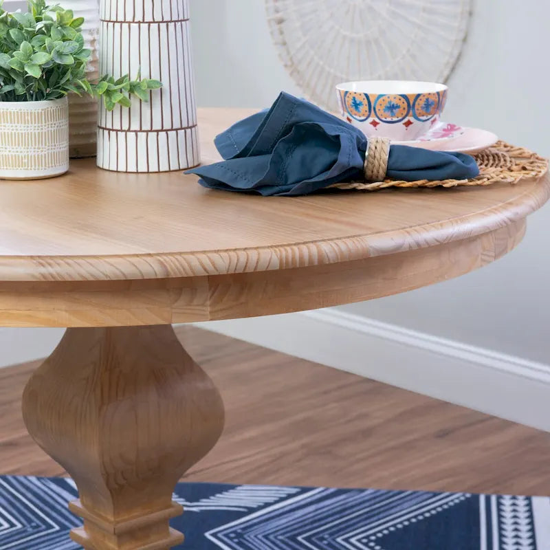 Rustic Honey Round Pine Dining Table with Pedestal Base for Four