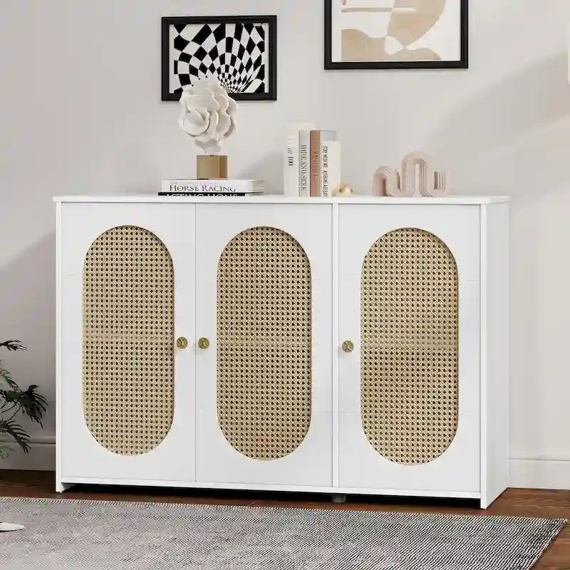 Retro Sideboard with Rattan Door Panels and Vintage Metal Handles