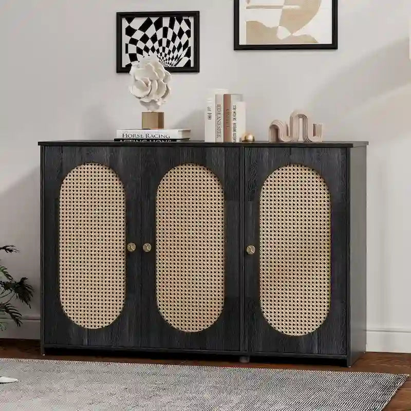 Retro Sideboard with Rattan Door Panels and Vintage Metal Handles