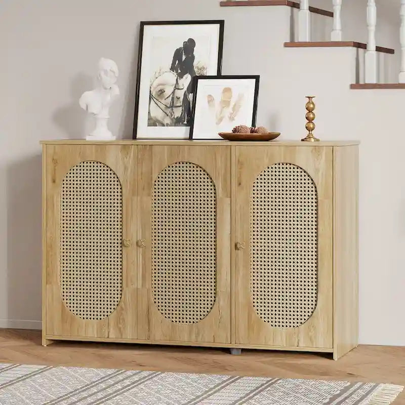 Retro Sideboard with Rattan Door Panels and Vintage Metal Handles