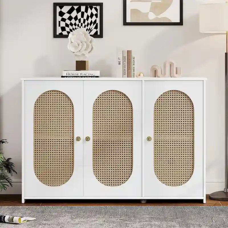 Retro Sideboard with Rattan Door Panels and Vintage Metal Handles