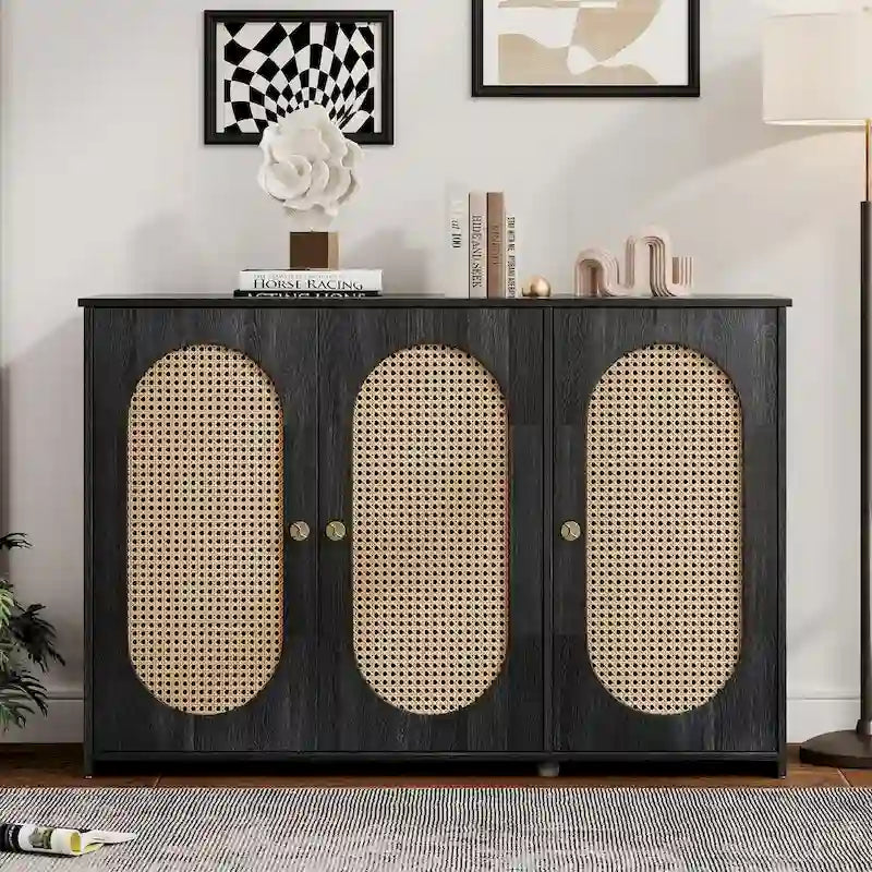 Retro Sideboard with Rattan Door Panels and Vintage Metal Handles