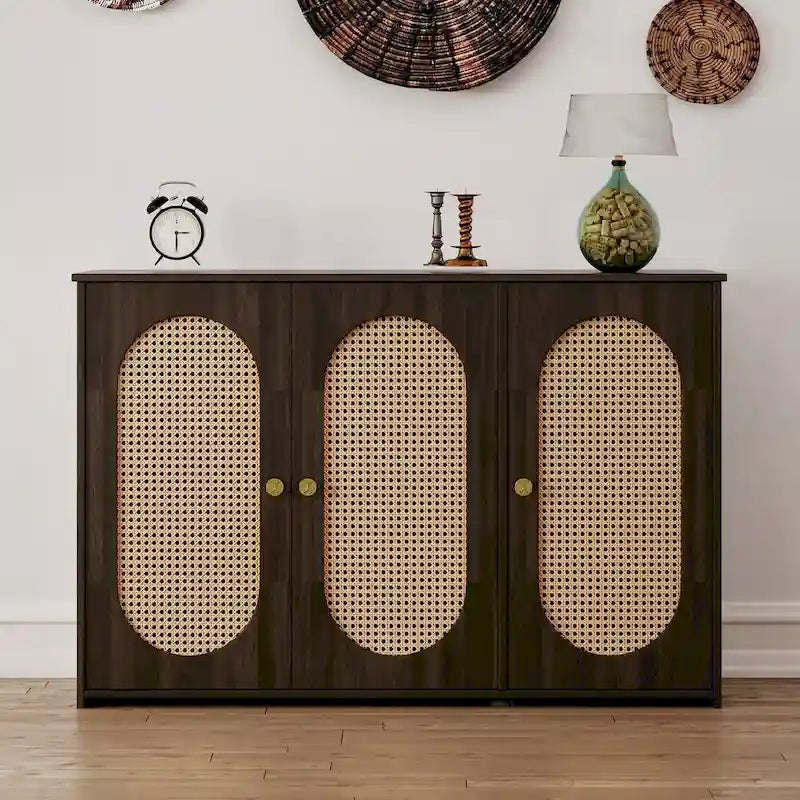 Retro Sideboard with Rattan Door Panels and Vintage Metal Handles