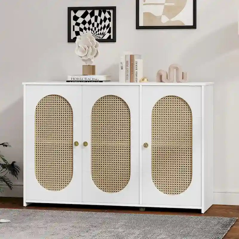 Retro Sideboard with Rattan Door Panels and Vintage Metal Handles