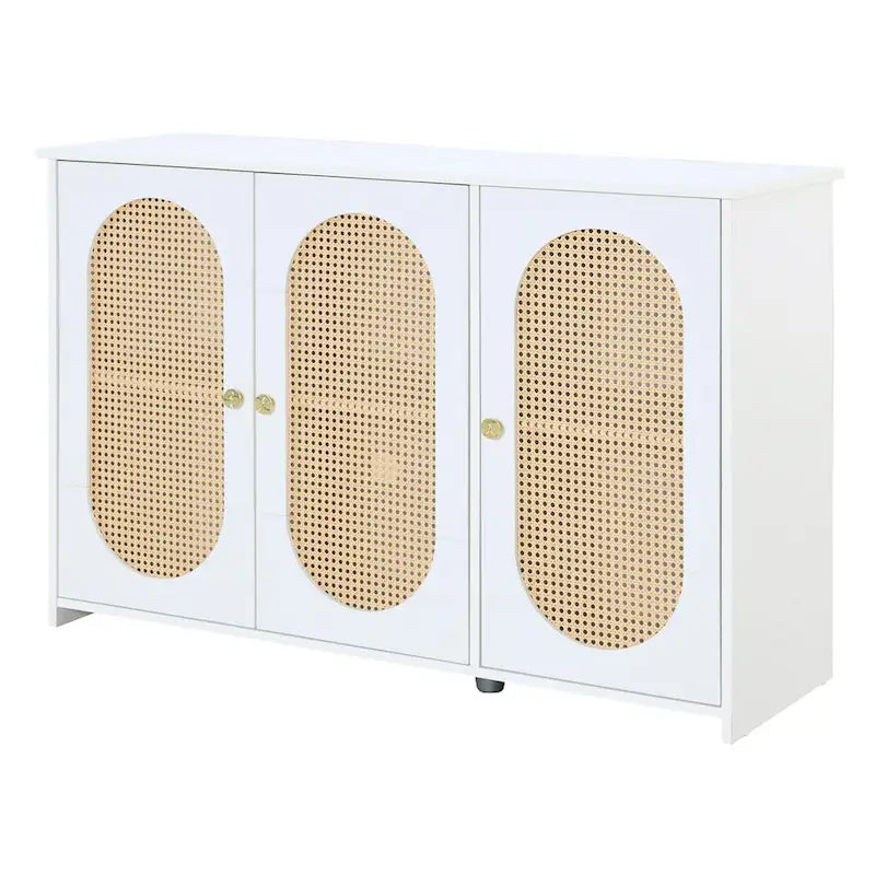 Retro Sideboard with Rattan Door Panels and Vintage Metal Handles