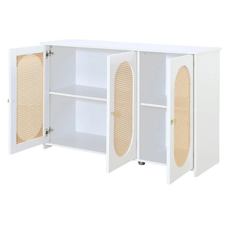 Retro Sideboard with Rattan Door Panels and Vintage Metal Handles