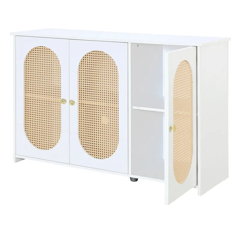 Retro Sideboard with Rattan Door Panels and Vintage Metal Handles