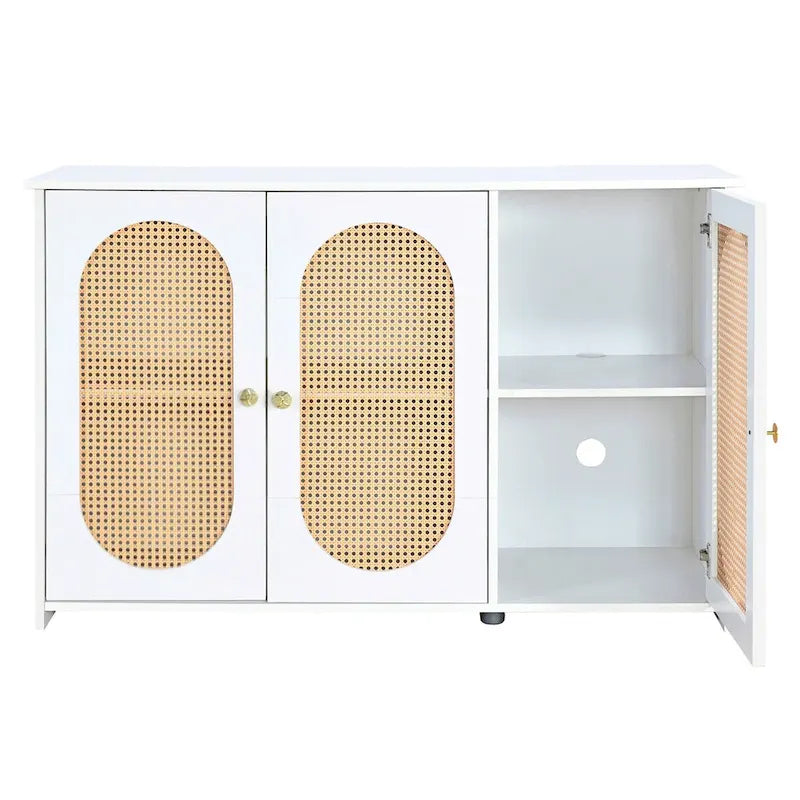 Retro Sideboard with Rattan Door Panels and Vintage Metal Handles