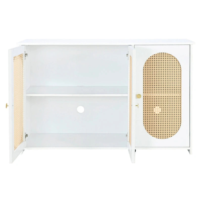 Retro Sideboard with Rattan Door Panels and Vintage Metal Handles