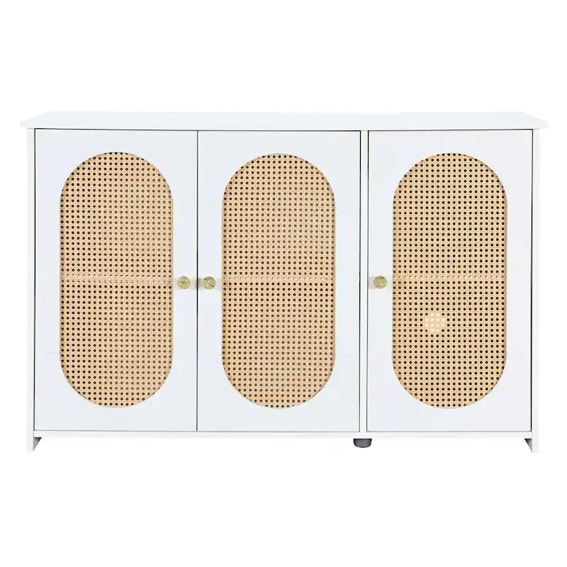 Retro Sideboard with Rattan Door Panels and Vintage Metal Handles